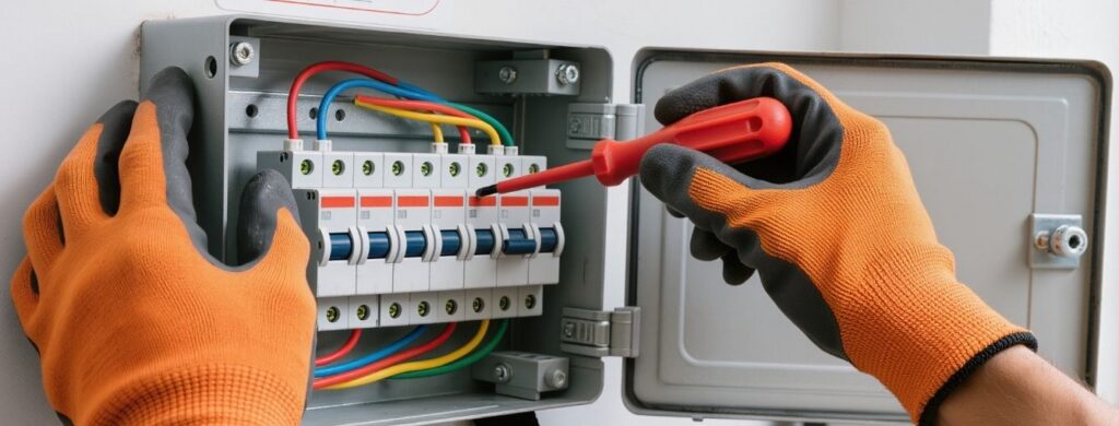 An electrician working on a panel. 