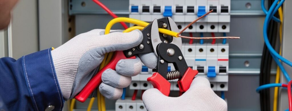 A commercial electrician is working on a breaker panel. 