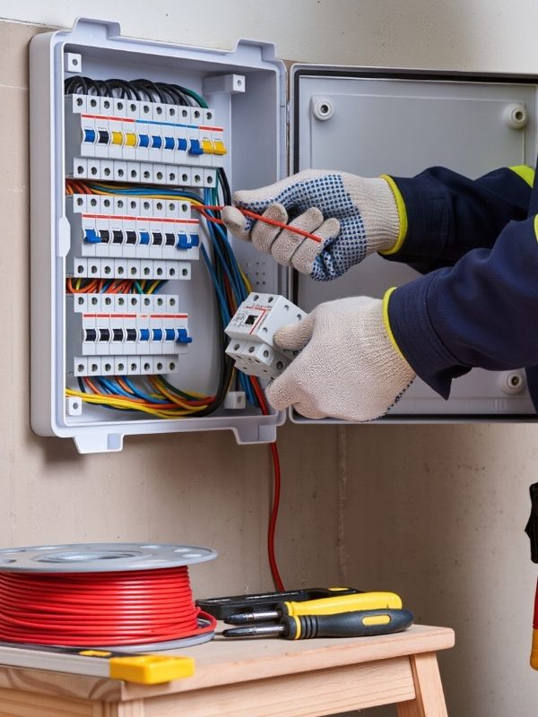 An electrician is working on a commercial breaker panel. 