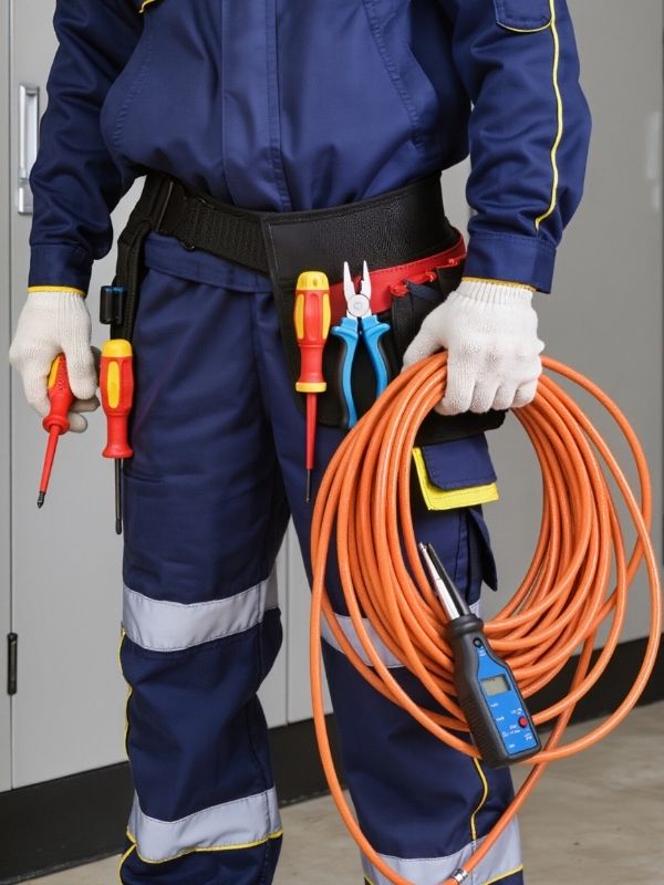 An industrial electrician carrying wire. 