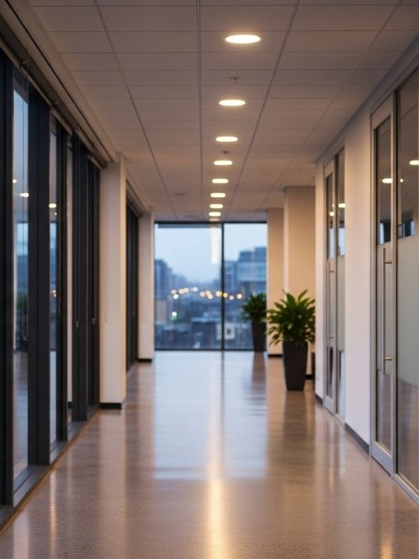 An office hallway lit with LED lights. 